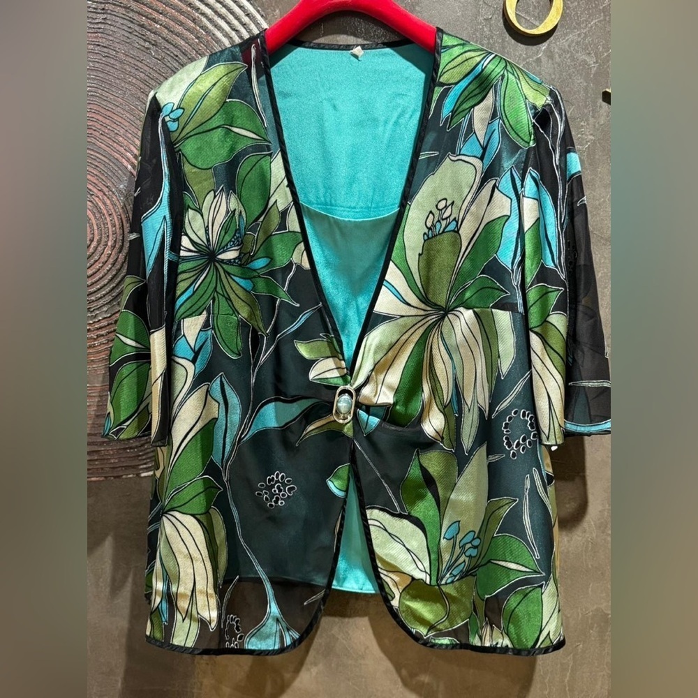 Floral Sheer Kimono teal and green top size L
